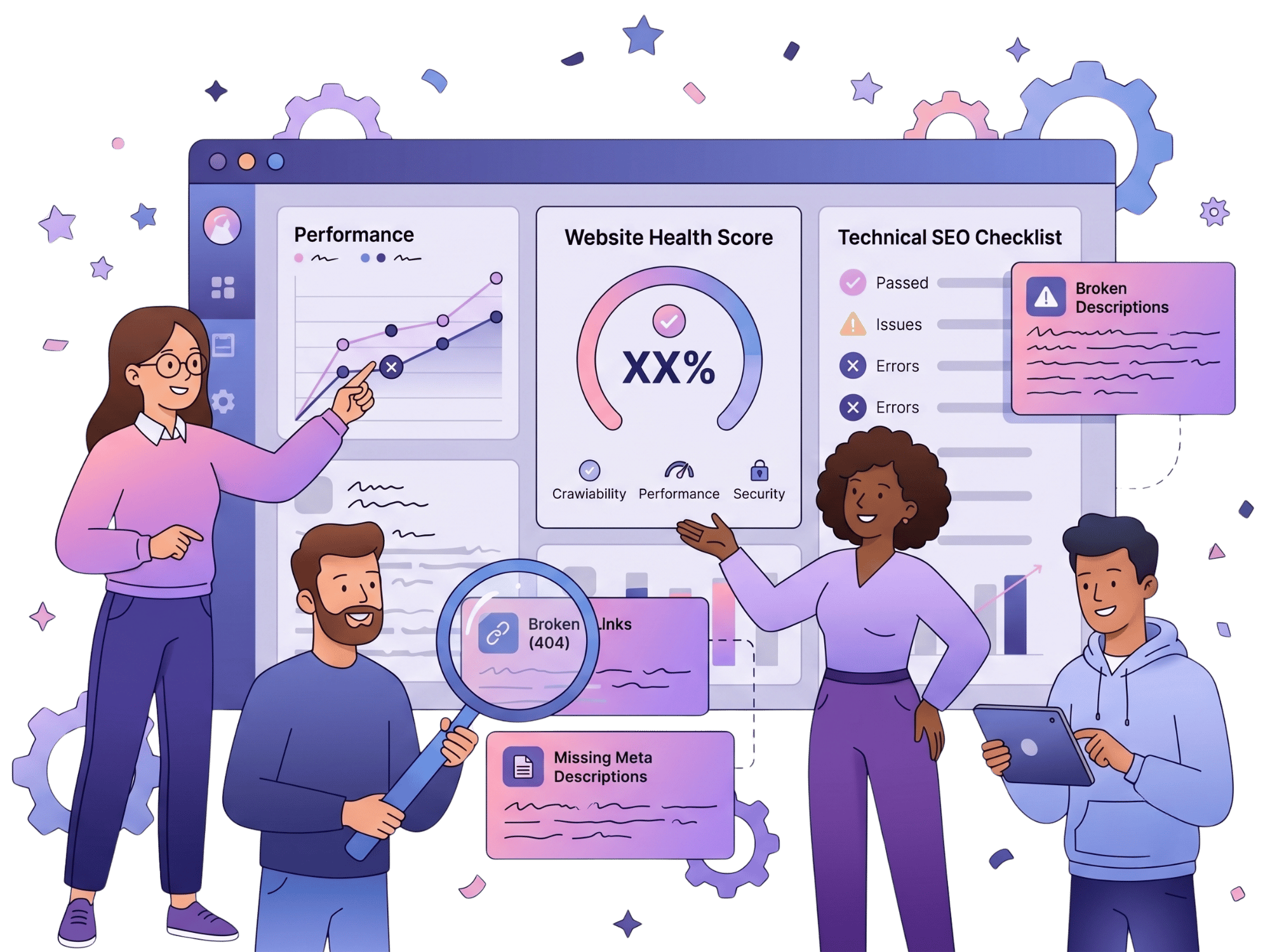 Illustration of a team reviewing SEO audit dashboards
